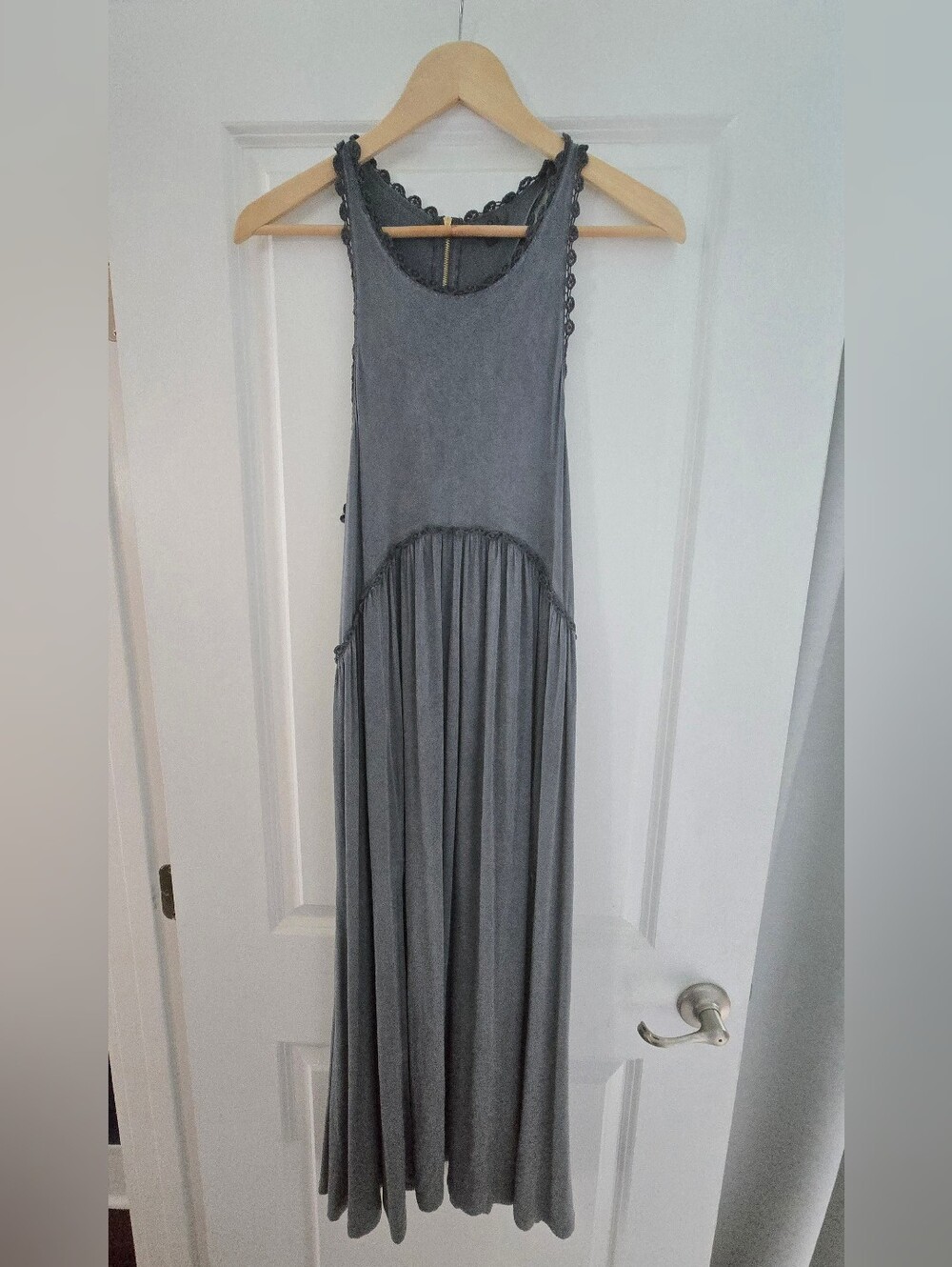 Three Bird Nest POL Sleeveless Blue Grey Maxi Dress with Scallop Trim And Slit S